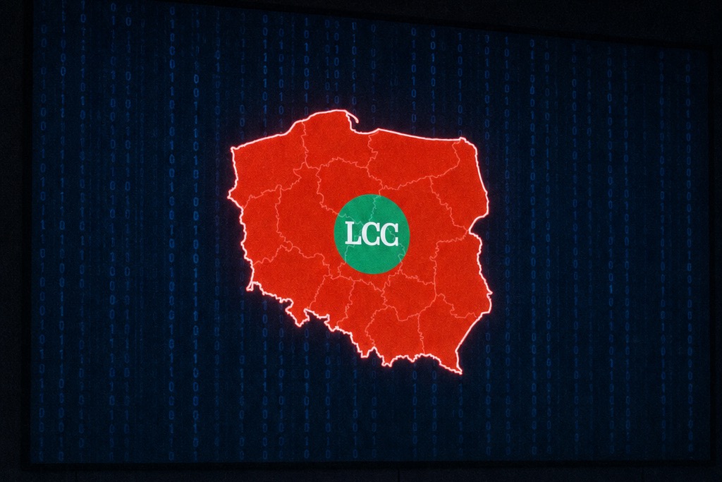 Ciemna sala sztabowa urzędu nocą. Na ścianie podświetlony ekran z mapą Polski wypełnioną czerwienią, pośrodku zielone koło z napisem LCC, w tle kolumny cyfr binarnych. Przed ekranem pusty fotel odsunięty od biurka, kubek kawy i identyfikator na smyczy.